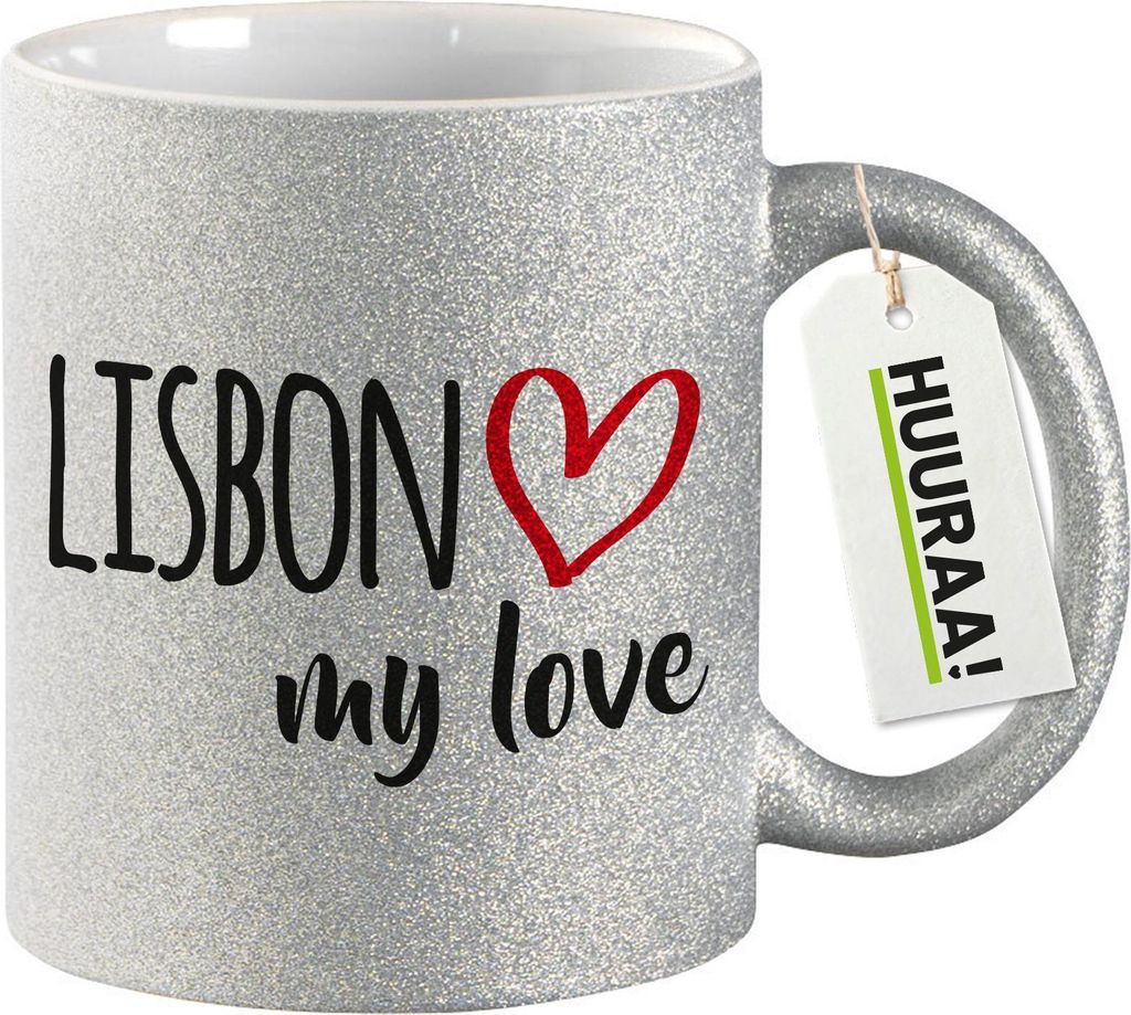 Huuraa Glitzertasse Lisbon my love 330ml Silber Keramik Kaffeebecher Geschenkidee