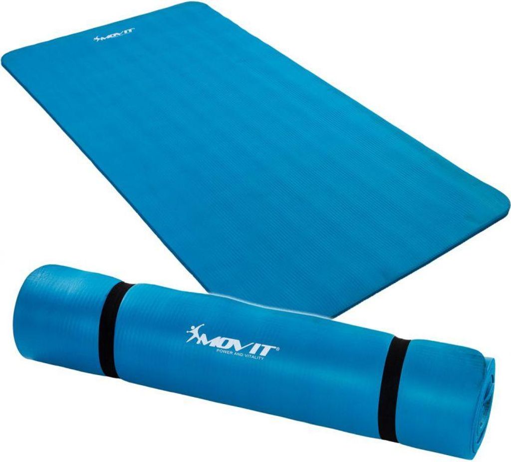 A blue yoga mat, partially unrolled and partially rolled up, shown on a white background.