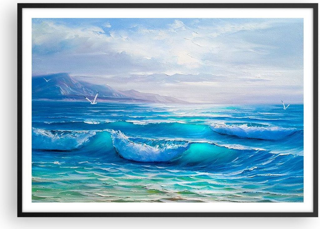 Gerahmtes Poster - Schwarzer Rahmen - Meer Welle Möwe - 100x70 cm - Wand Bild - Wanddeko - Wandbilder - Kunstposter - Wandposter - Bilderrahmen - ...