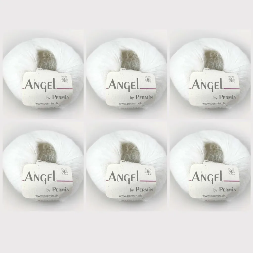 6 Pelotes Angel de Permin (70/30) : Mohair Kid et Soie Blanc 01