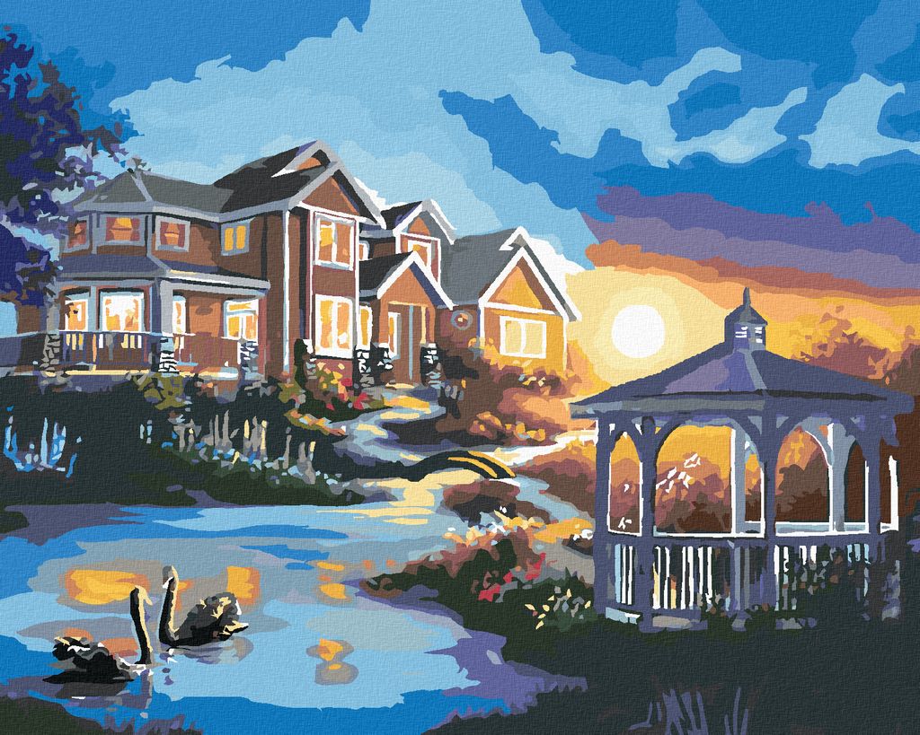 Zuty - Malen nach Zahlen - SCHWÄNE, PAVILLON AM HAUS UND SONNENUNTERGANG (D. RUSTY RUST), 40x50 cm, ohne Keilrahmen