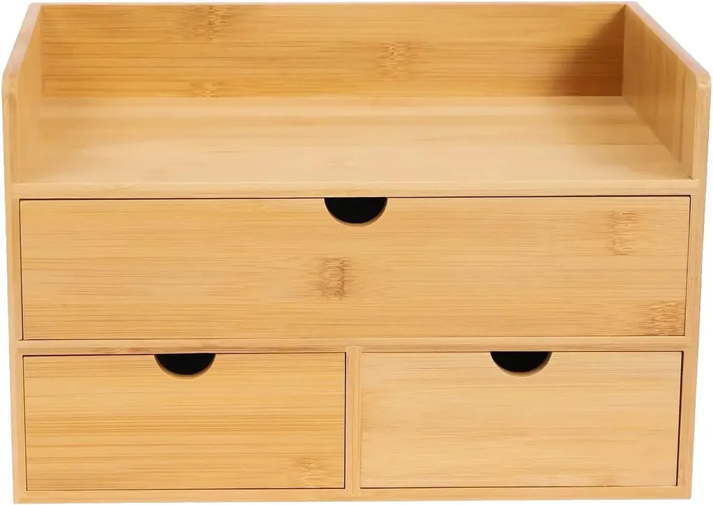 Rangement de bureau à tiroirs en bois naturel, organiseur de table éco