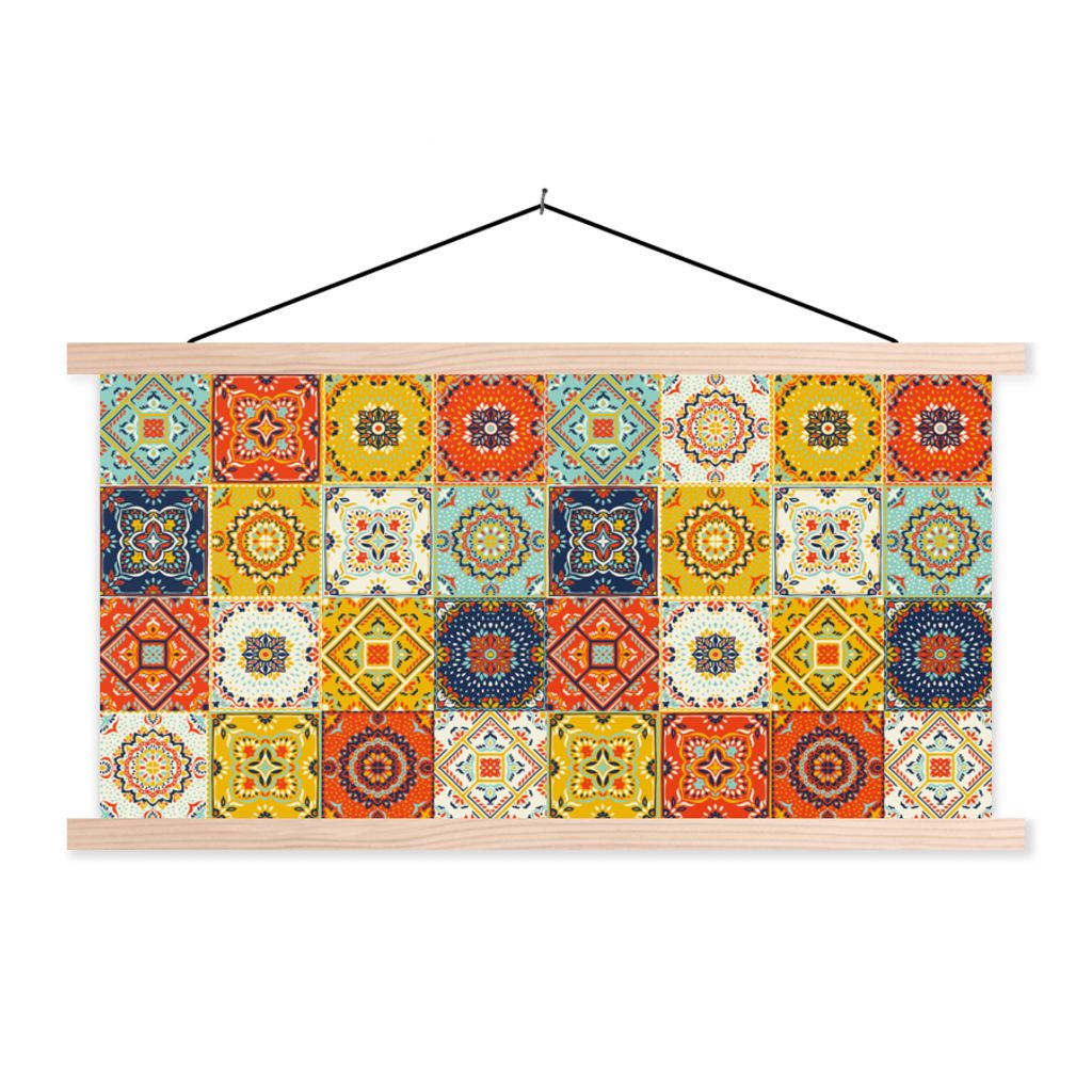 MuchoWow Textilposter Vintage - Blumen - Muster - Weiß - Orange 60x30 cm mit holzfarbenen Rahmen - Dekoration