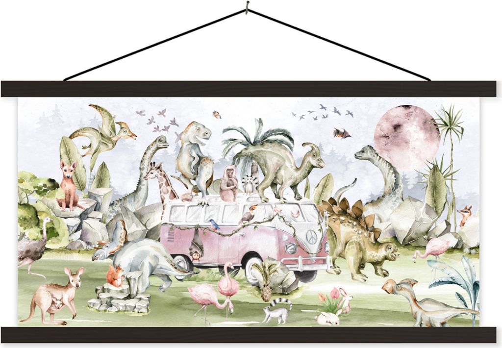 MuchoWow Textilposter Dinosaurier - Kinder - Bus - Bäume - Tiere - Kinder 90x45 cm mit schwarzem Rahmen - Klemmleisten