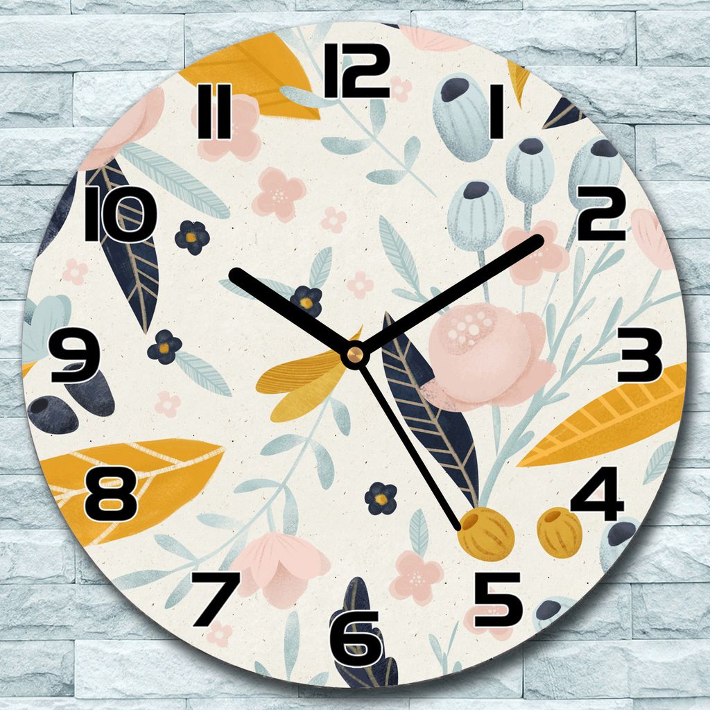 Wanduhr aus Glas Rund fi 30 Pastell bunte Blumen Quarz Deko Wohnzimmer Büro