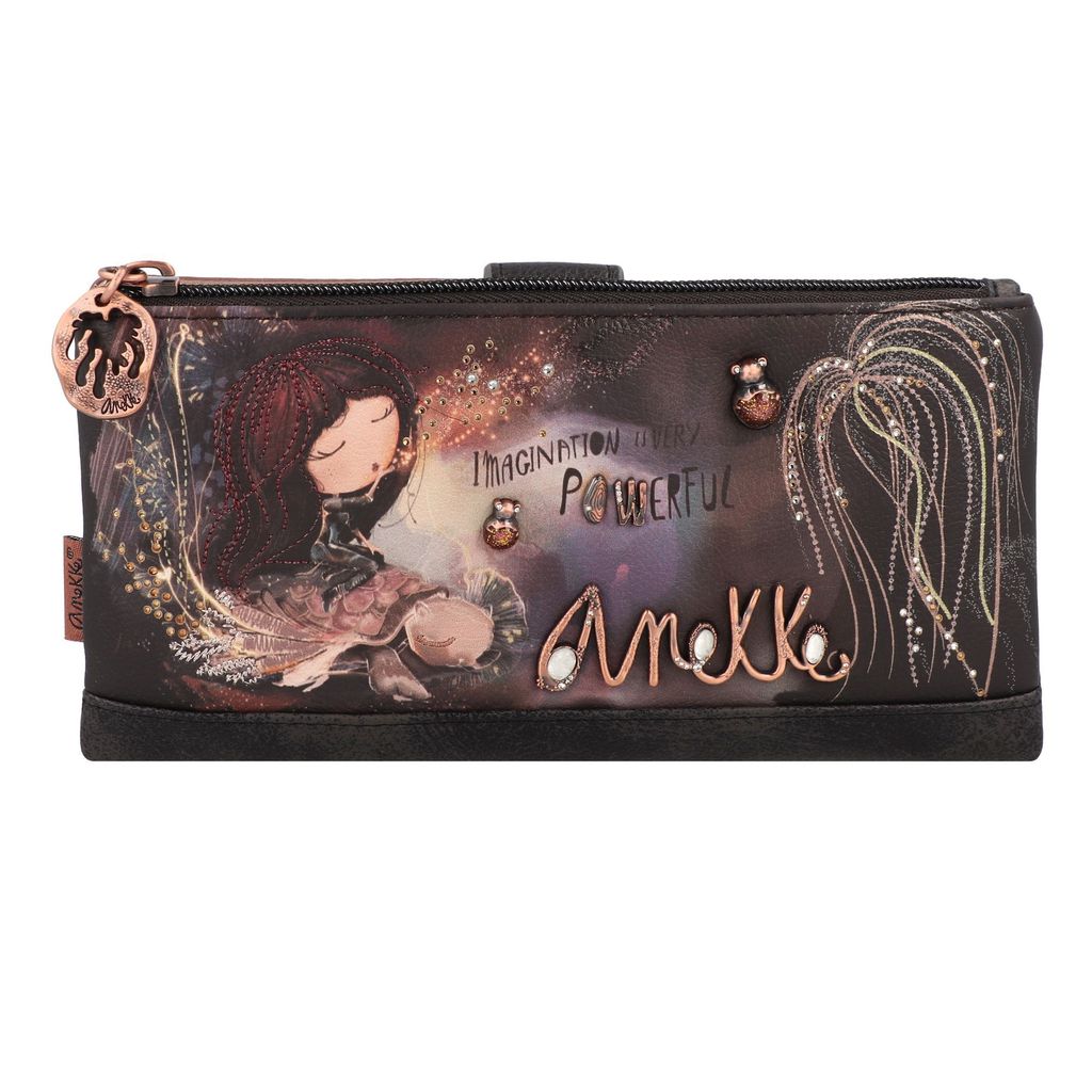A close-up, front-facing view of a decorative wallet.