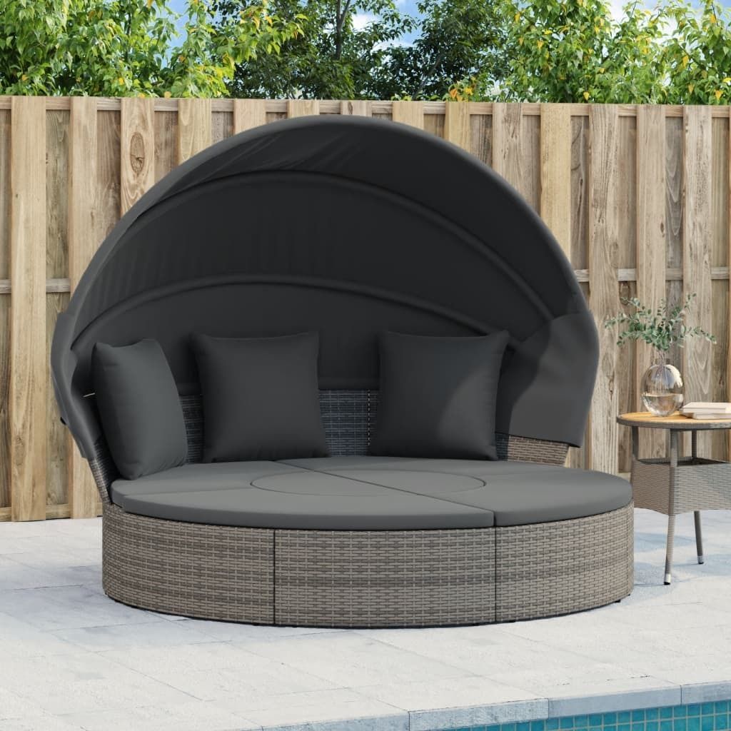 Design New Outdoor-Loungebett mit Dach und Kissen Grau Poly Rattan Gartenliegen CC57382748