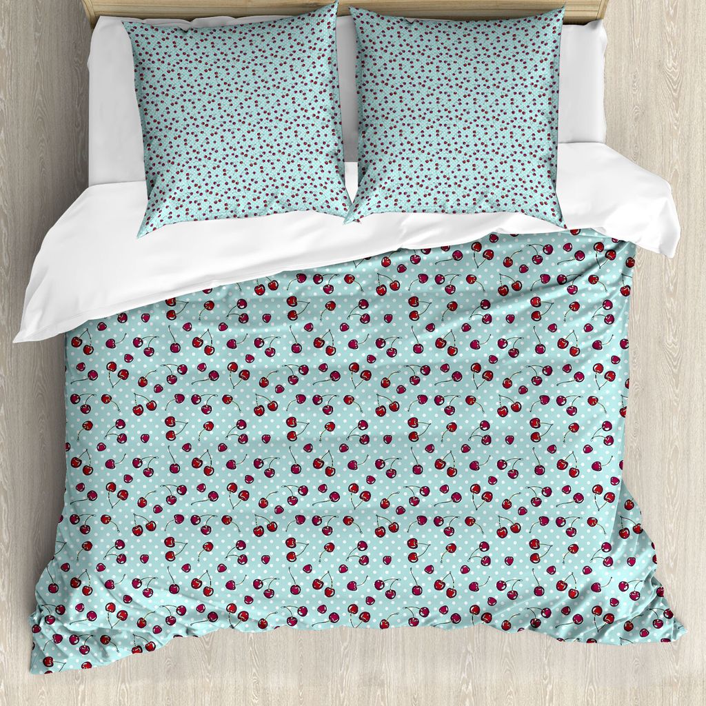 ABAKUHAUS Kirsche Bettbezug Set für Einzelbetten, Frucht auf Nostalgic Punkte, Milbensicher Allergiker geeignet mit Kissenbezug, 155 cm x 220 cm -...