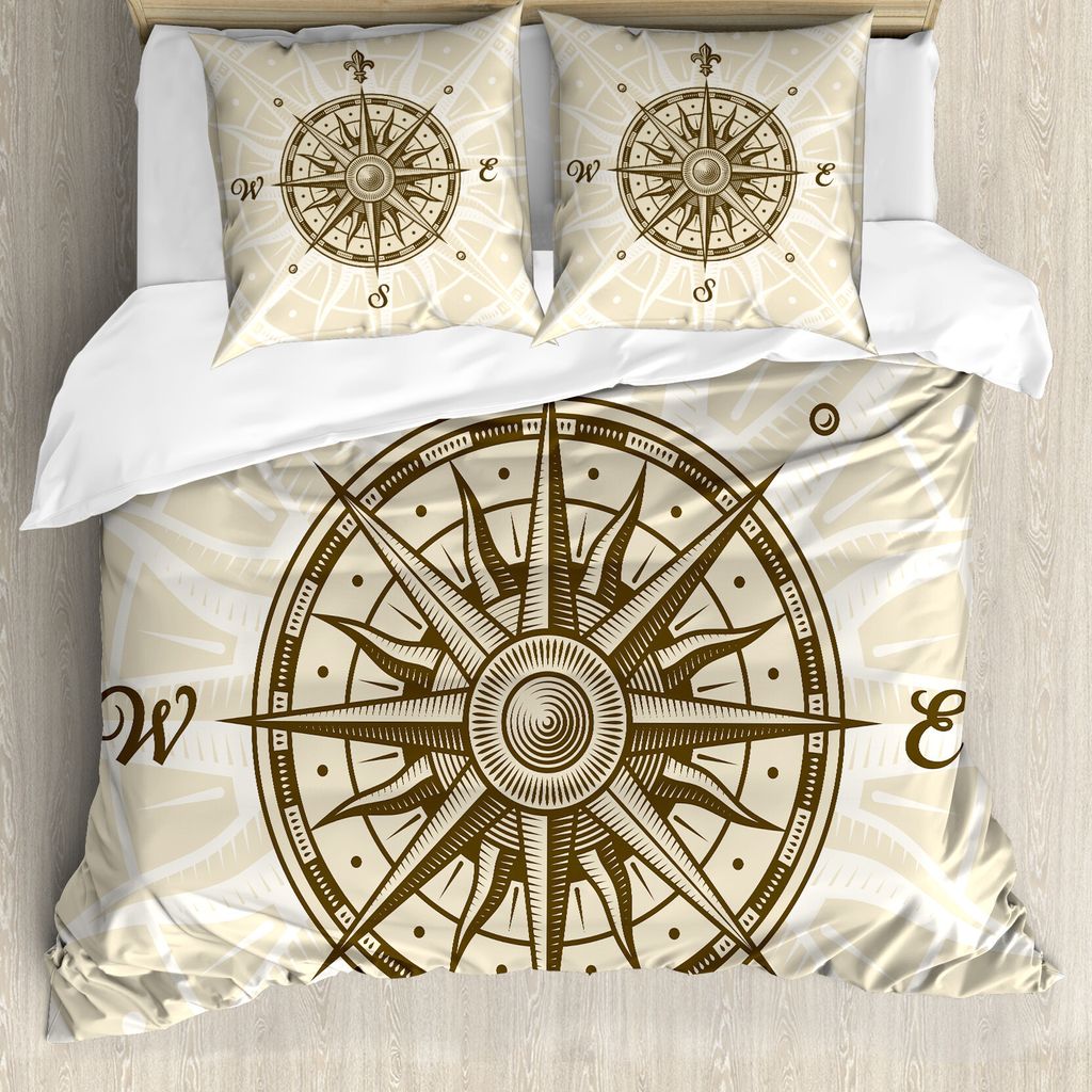 ABAKUHAUS Kompass Bettbezug, Sun Motive Sepia, Milbensicher Allergiker geeignet mit Kissenbezügen, 155 cm x 220 cm - 80 x 80 cm, Olivgrün Beige
