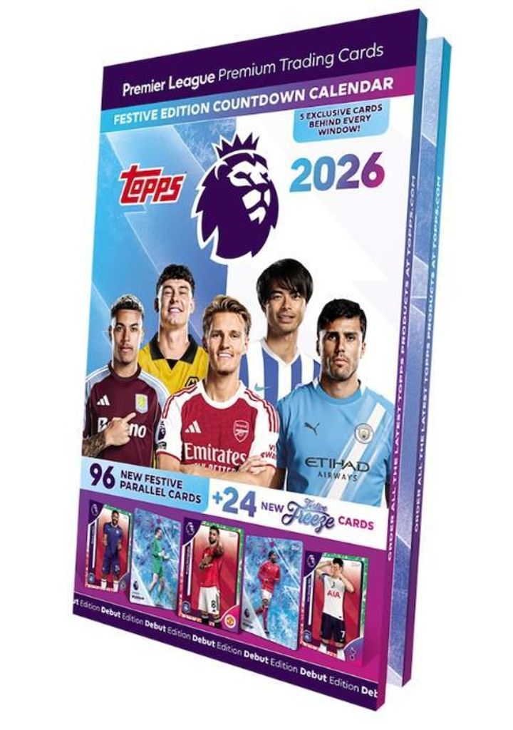 A product shot of a Premier League trading card advent calendar with several football players featured.