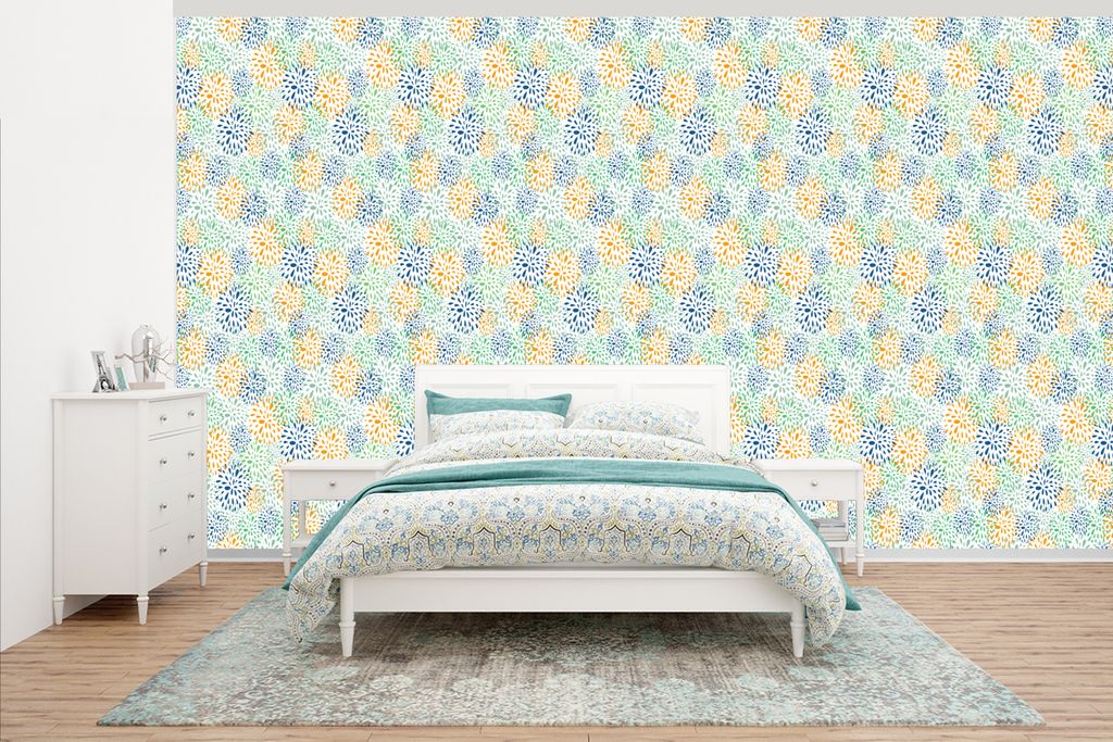 MuchoWow Fototapete für Wohnzimmer oder Schlafzimmer Wandtapete Vinyl Motivtapete Feuerwerk - Blumen - Regenbogen - Muster - 465x260 cm - Hinter...