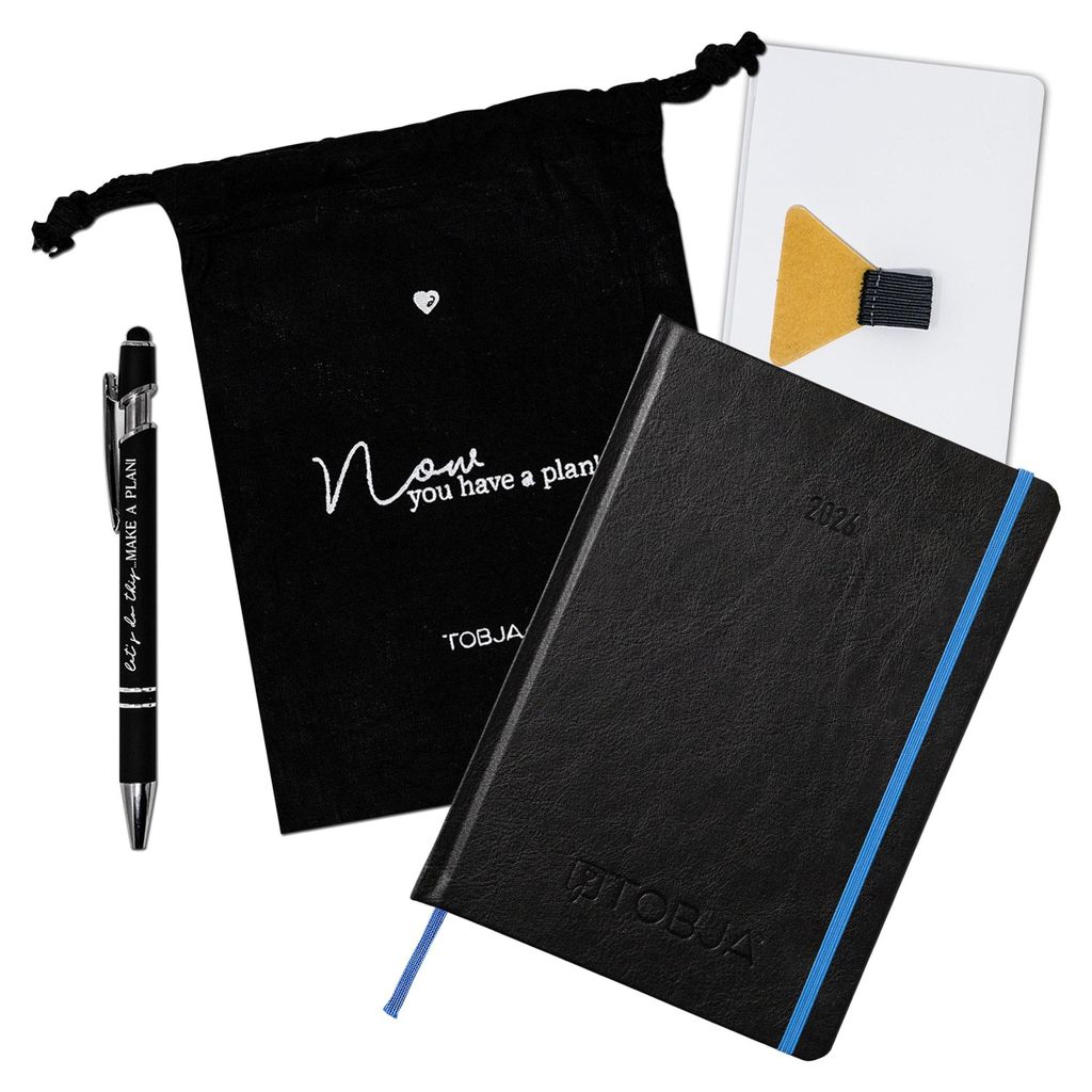 Buchkalender 2026 A5 1 Woche 2 Seiten Set - Terminplaner, Froschtasche, Pen-Loop, Touchscreen Kugelschreiber, Stoffbeutel - Perfekt organisiert