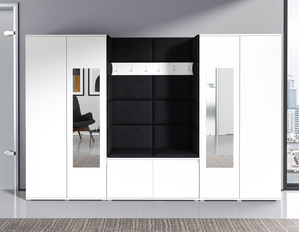 A modern white wardrobe set with a central black upholstered seating and coat hook area, featuring mirrors on the side cabinets.