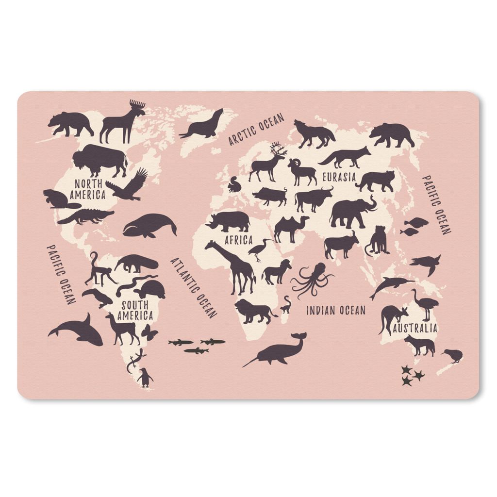 MuchoWow Schreibtischunterlage Weltkarte - Rosa - Tiere 60x40 cm - XXL Mauspad - Großes Mauspad