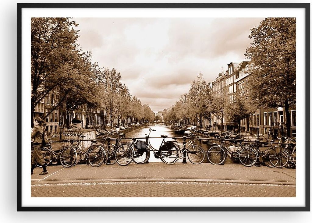 Gerahmtes Poster - Schwarzer Rahmen - Kanal Fahrräder Amsterdam Zentrum - 100x70 cm - Wand Bild - Wanddeko - Wandbilder - Wandposter - Bilderrahme...