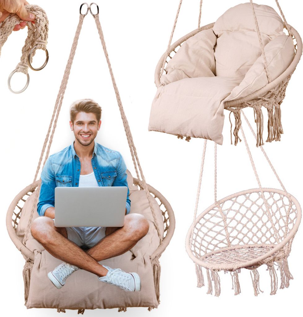 A collage of images showing a man sitting in a hanging chair with a laptop, and close-ups of the chair and its components.