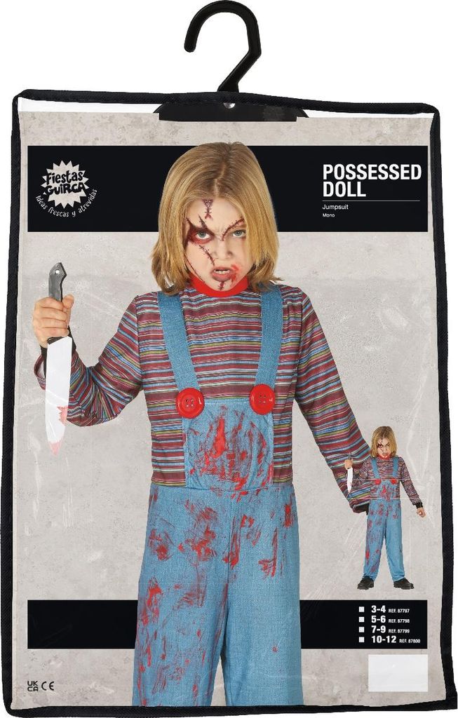 A child wearing a Chucky-inspired costume is shown in its packaging.
