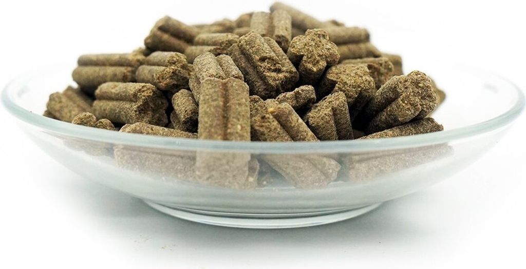 A close-up shot of kibble in a clear glass bowl.