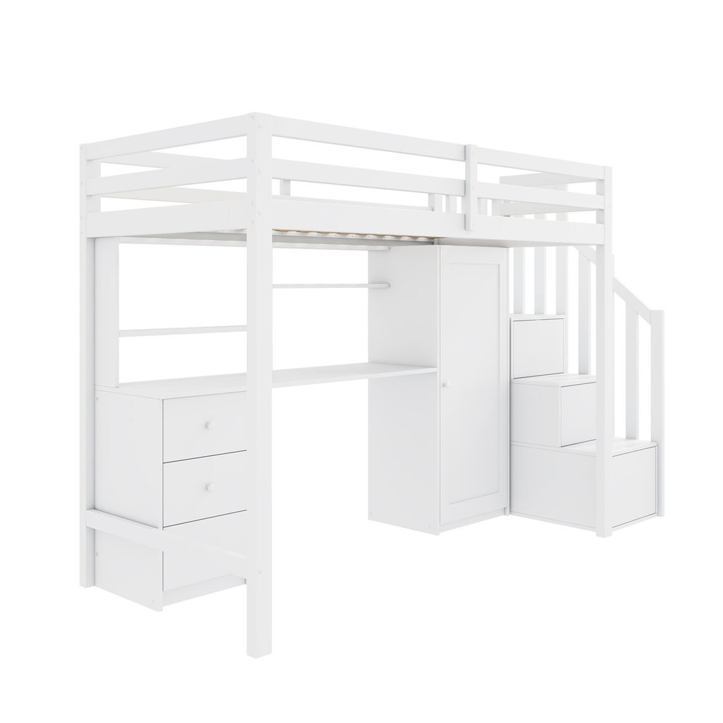 Etagenbett mit Schreibtisch und Kleiderschrank,Treppe,multifunktionales Kinderbett, Hochbett mit Schubladen und Treppenschrank,großer Stauraum