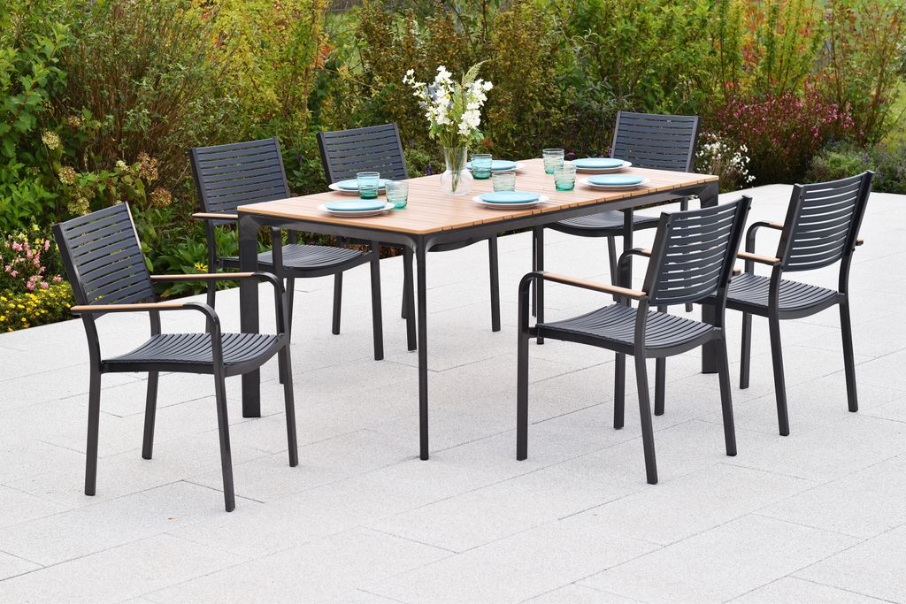 Merxx Gartenmöbel Set Paliano 7tlg., 6 Stapelsessel, Tisch 156 x 90 cm- Stahl/Kunststoff