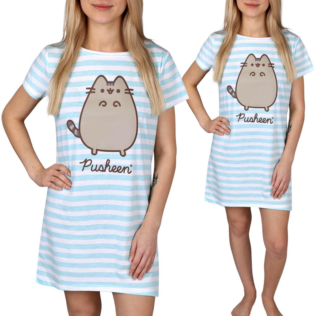 Pusheen BAUMWOLL Nachthemd für Damen mit kurzen Ärmeln, ZUM SCHLAFEN, gestreift, 100 % BAUMWOLLE XL