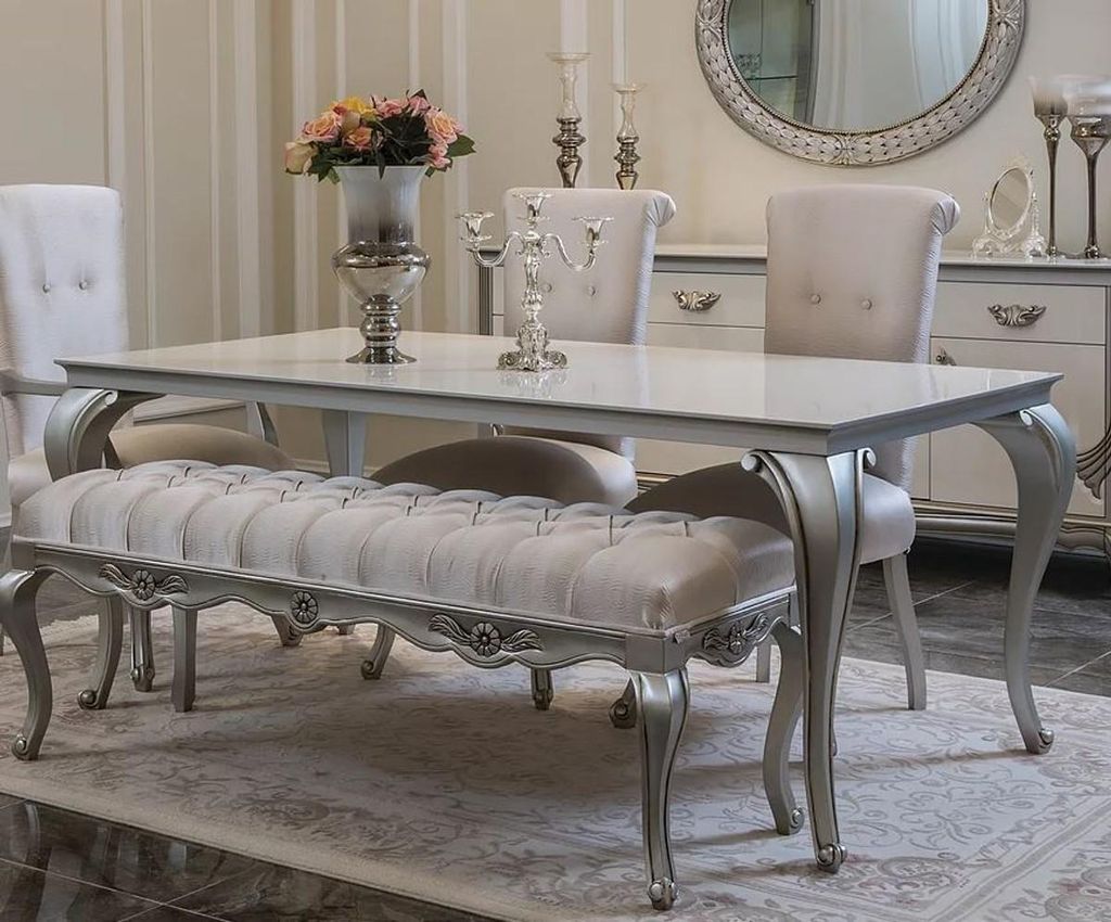 Casa Padrino Luxus Barock Esstisch Weiß / Silber - Eleganter Massivholz Küchentisch im Barockstil - Barock Esszimmer Möbel