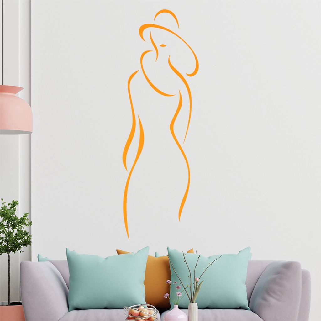 Dame mit Hut - Linien Wandtattoo in 6 Größen - Wandaufkleber Wall Sticker - Dekoration, Küche, Wohnzimmer, Schlafzimmer, Badezimmer