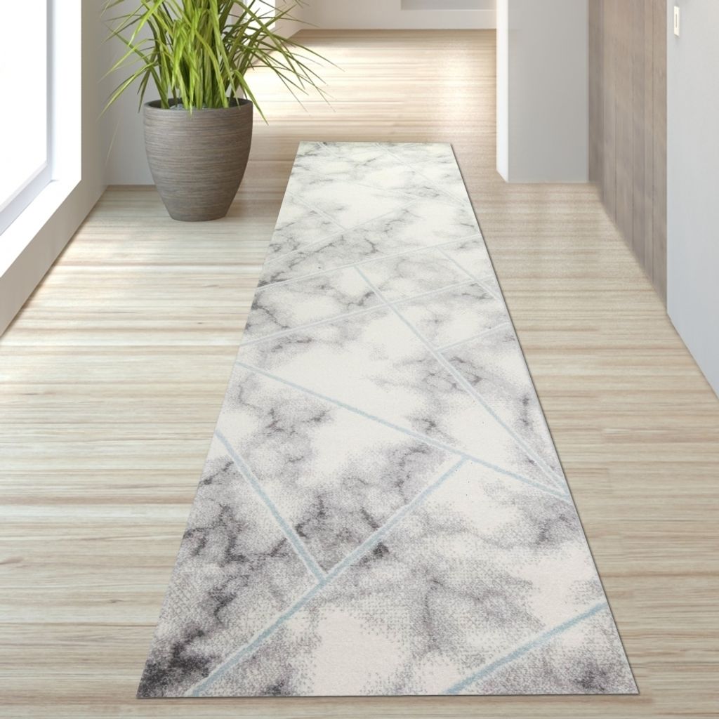 Designer Teppich Marmormuster blau grau creme Größe - 80 x 300 cm