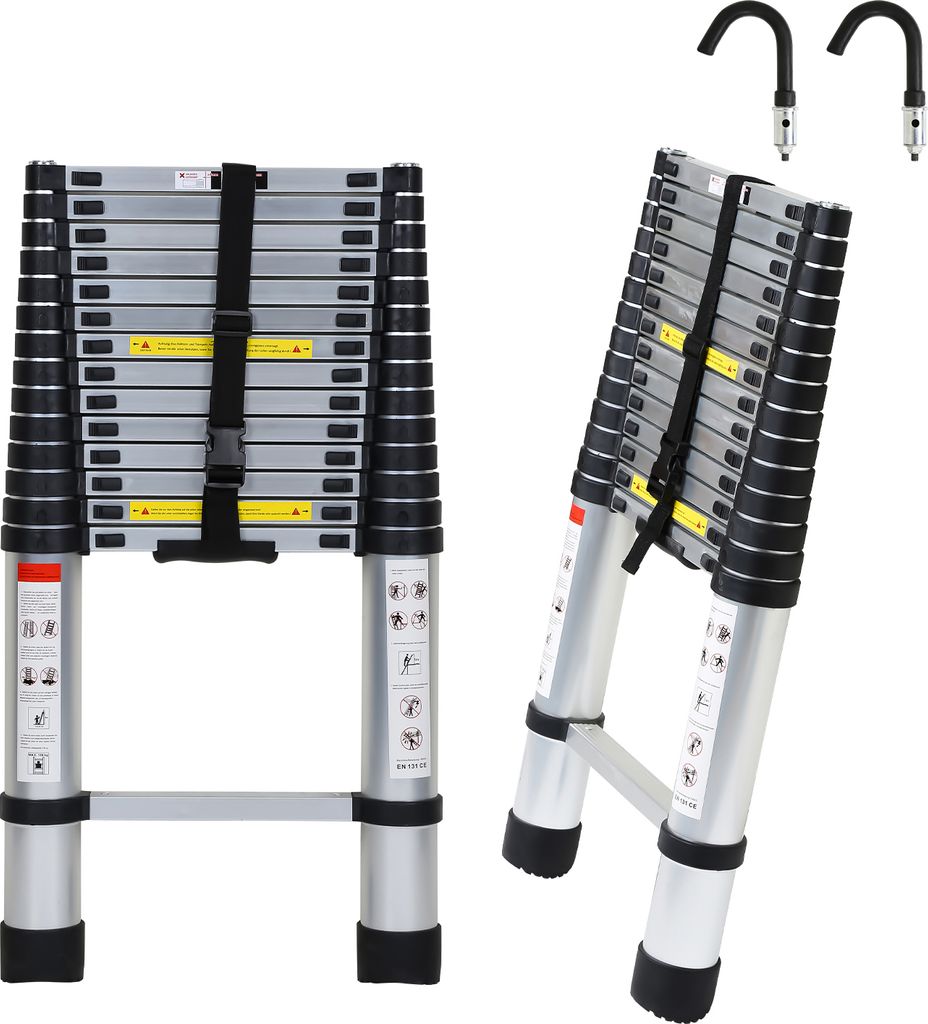 TolleTour Teleskopleiter Silber 4.4m Mit Haken Ausziehleiter bis 150kg Stabil Aluminium Anlegeleiter Multifunktionsleiter Stehleiter