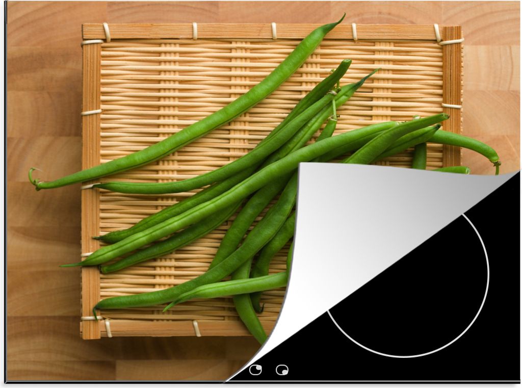 KitchenYeah Herdabdeckplatte Saubohnen auf einer Weidenfläche , 58x51cm, Küche Deko, Glaskeramikfeld Herdabdeckung, Abdeckplatte fùr Kochfeld