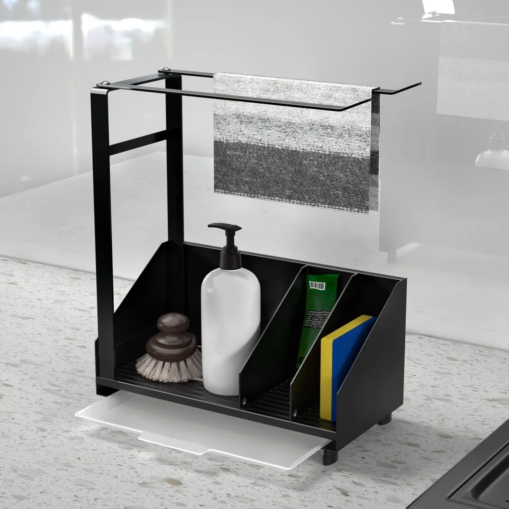 Organiseur de lavabo noir en acier inoxydable fin - 25 x 20,5 x 8,5 cm