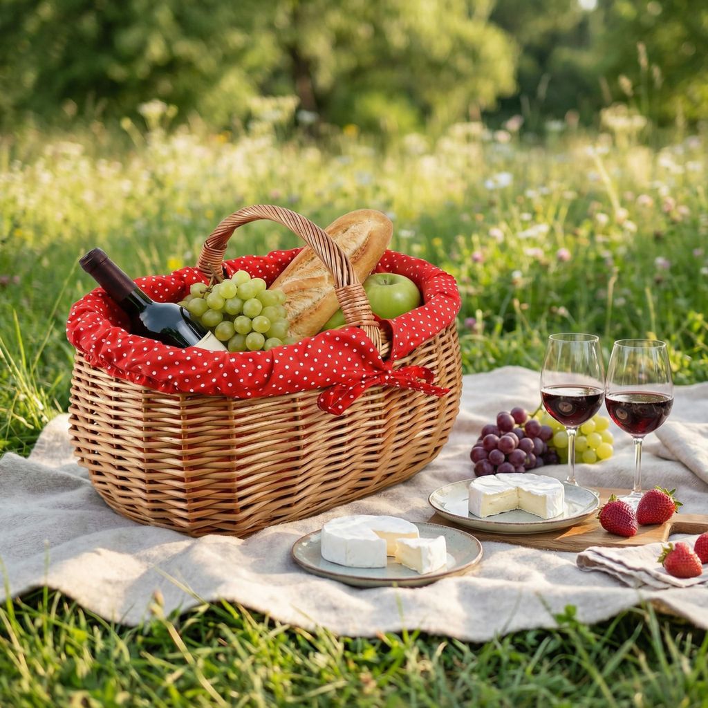 Creative Home Großer Picknickkorb mit Stoffeinlage Rot mit Pünktchen Weidenkorb 43 x 32 x 37 cm