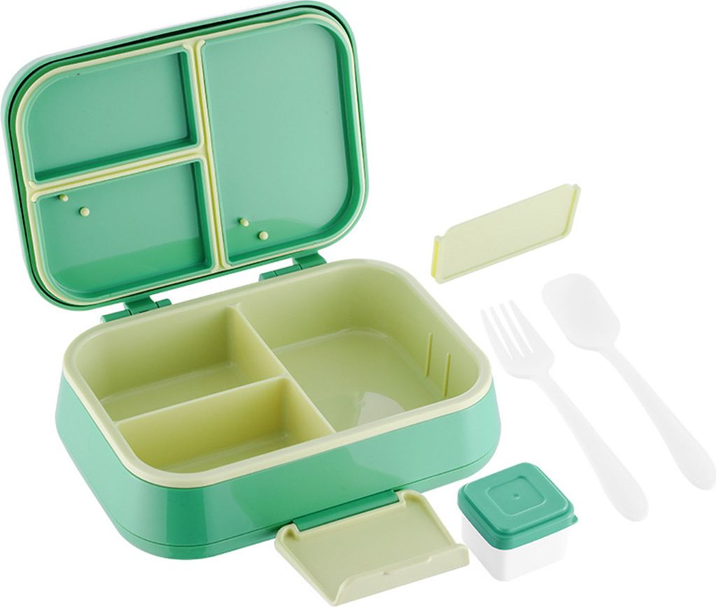 Bento-Lunchbox mit Soßenbecher, Gabel und Löffel, 3-Fächer-Lunchbox, BPA-frei, kinderfreundliche Snackbox für Mädchen und Jungen