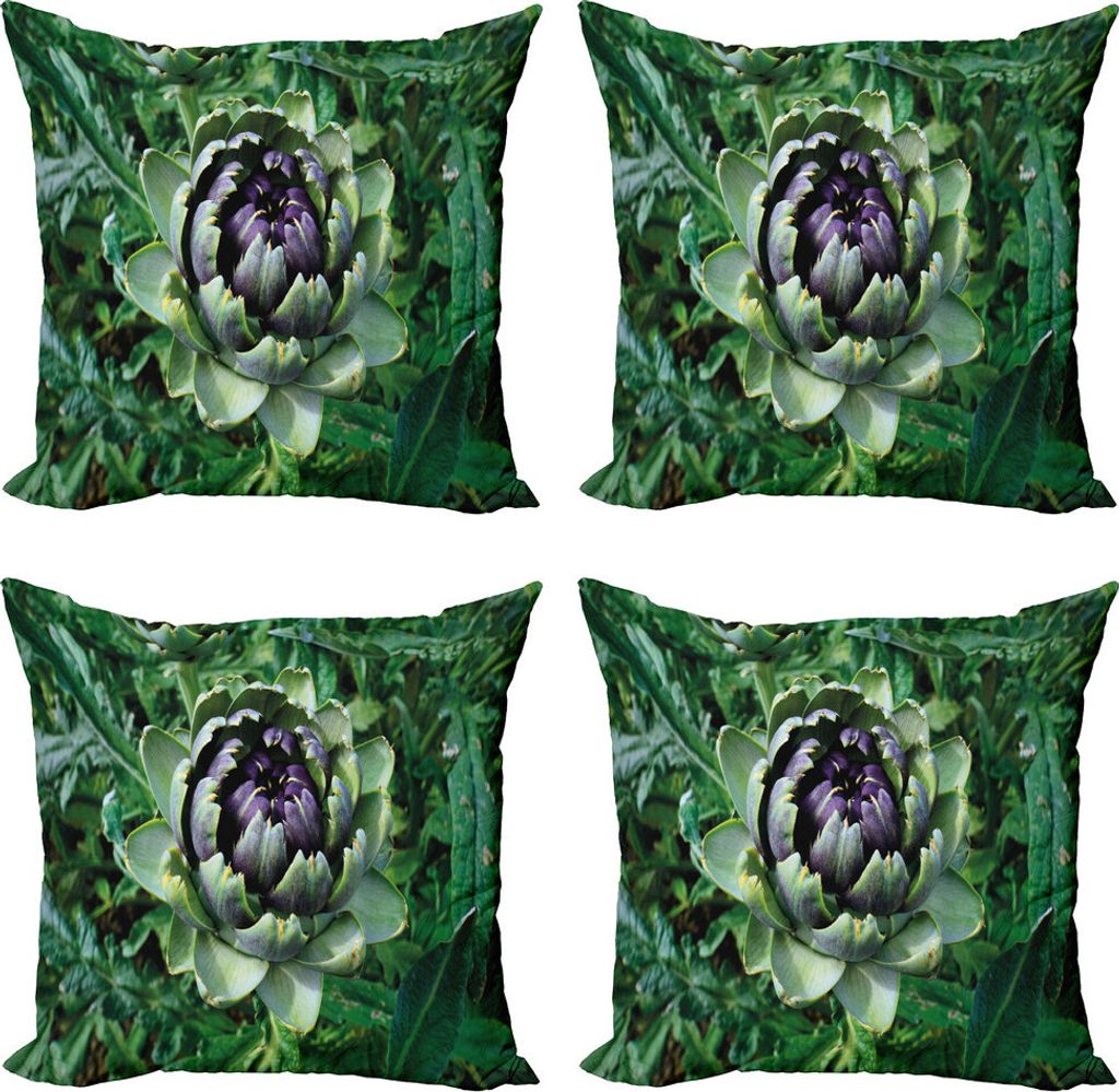ABAKUHAUS Artischocke Kissenbezug Set (4 Stück), Blooming Gemüse, Moderner Doppelseitiger Digitaldruck, 40 cm x 40 cm, Farn-Grün und Lila