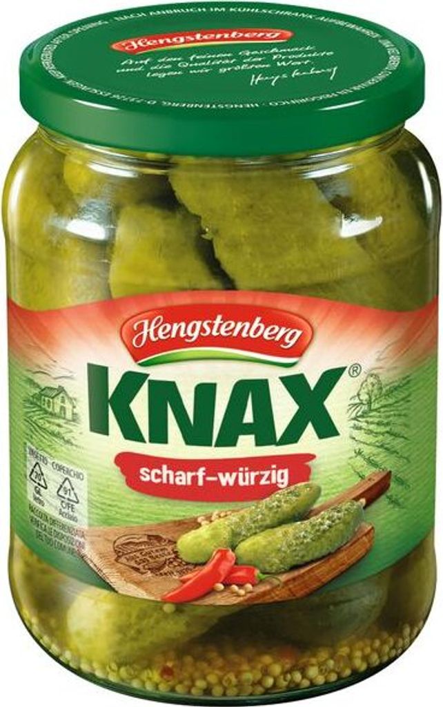 Hengstenberg Knax Gewürzgurken scharf würzig im Glas vegan Produktbild 