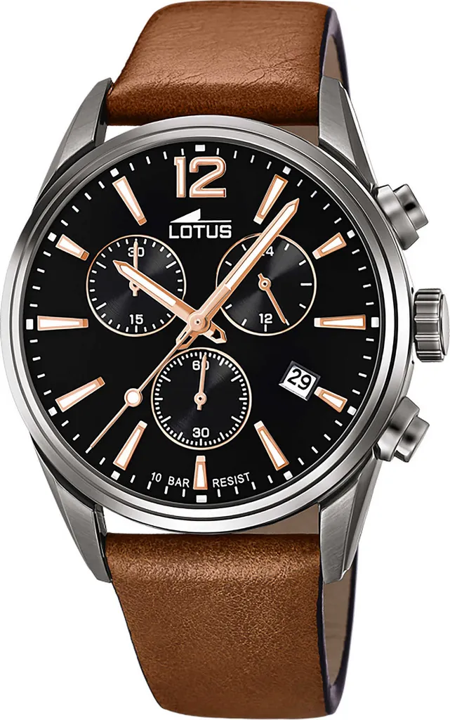 Lotus Orologio Uomo Cronografo 18689/6: Cassa Acciaio 43mm, Quadrante Nero Con Dettagli Rossi, Pelle, Impermeabile 10 Bar (Nuoto/Snorkeling)