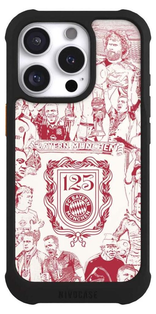 NIVOCASE Hülle für Apple iPhone 16 Pro Stoßfeste Handyhülle NIVOmax Case Schwarz FC Bayern München Offizielles Lizenzprodukt FCB 125 Jahre