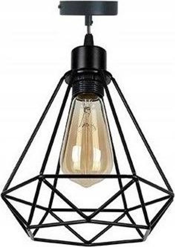 A black diamond-shaped pendant light fixture with a vintage-style Edison bulb.