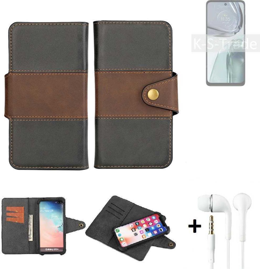 K-S-Trade Handyhülle Schutzhülle Bookstyle Wallet-Case kompatibel mit Motorola Moto G62 5G + earphones Bumper rundumschutz schwarz-braun 1x