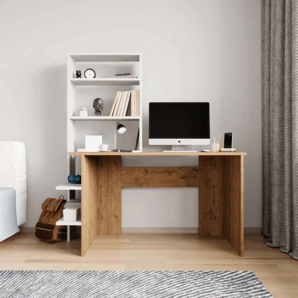Bureau de télétravail compact avec bibliothèque bois chêne et blanc