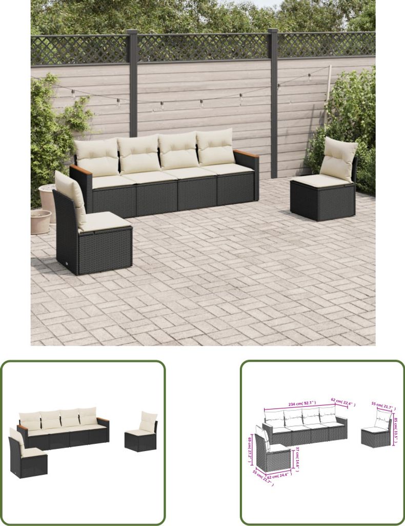The Living Store 6-tlg. Garten-Sofagarnitur mit Kissen Schwarz Poly Rattan
