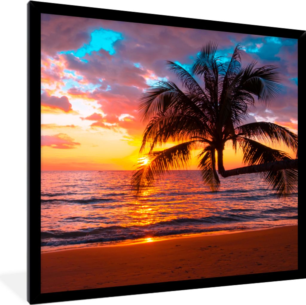 MuchoWow Gerahmtes Poster Palme - Sonnenuntergang - Strand - Meer - Horizont 40x40 cm - Poster mit Schwarzem Bilderrahmen Wandposter Rahmen Foto ...