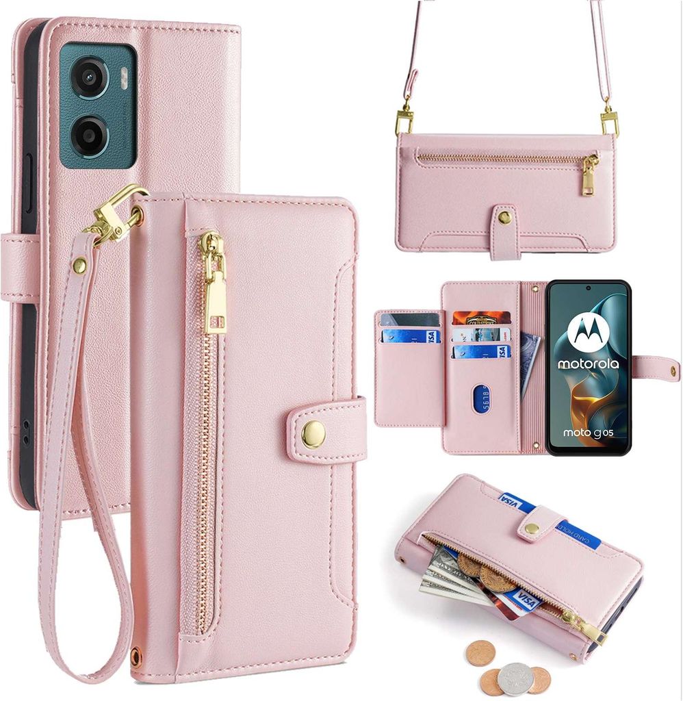 Handykette Hülle für Motorola Moto G05 / Moto E15 mit Band Handyhülle Kartenfächer Kunstleder Umhängetasche in Rosa