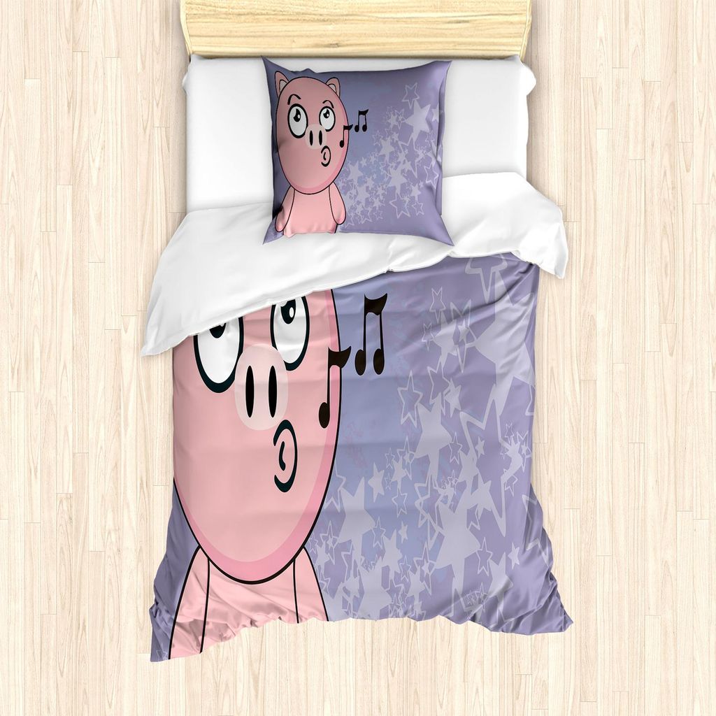 ABAKUHAUS Schwein Bettbezug Set, Singen Vieh auf einem einfarbigen Hintergrund mit Sternmotiven, 135 x 200 cm + 80 x 80 cm, Ceil Blau Rosa