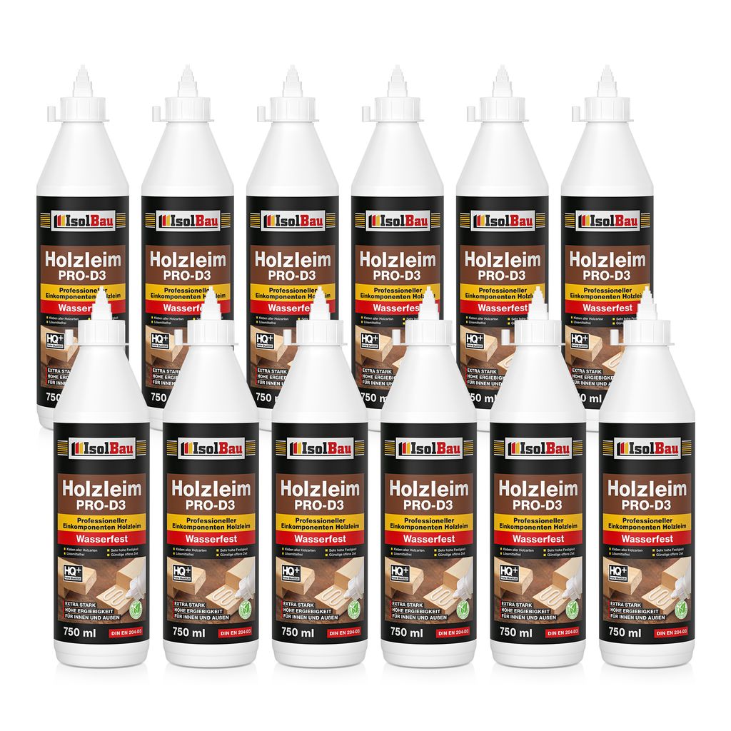 Isolbau Holzleim PRO-D3 - 12 x 750 ml (860 g) Extra starker Holzkleber für alle Holzarten, für Innen & Außen, Wasserfest, Lösemittelfrei