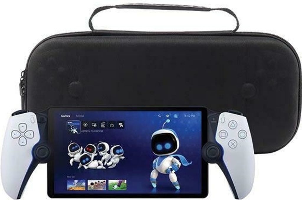 A portable gaming device with controllers attached, placed in front of a black carrying case.
