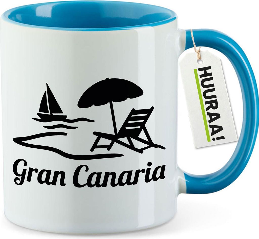Huuraa Kaffeetasse Gran Canaria Inselmotiv Spanien 330ml Blau Keramik Kaffeebecher Geschenkidee