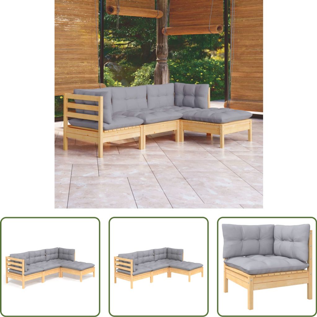 The Living Store 4-tlg. Garten-Lounge-Set mit Grauen Kissen Kiefernholz