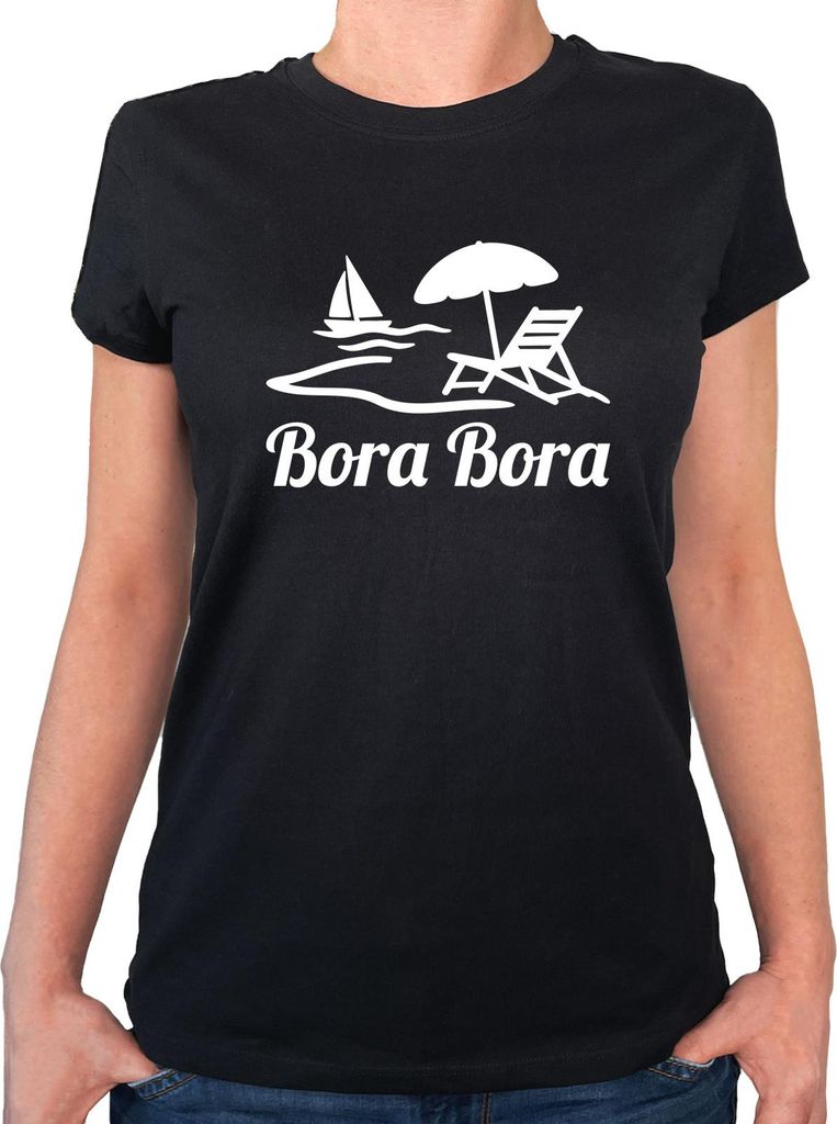 Huuraa Damen T-Shirt Bora Bora Inselmotiv Französisch-Polynesien S Black Bio Baumwolle Fairtrade Damenshirt Geschenkidee