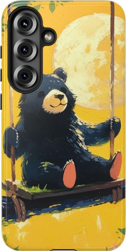 Schwarzer Bär auf Baumschaukel im Mondschein – Hülle Kompatibel mit Samsung Galaxy S25 Plus